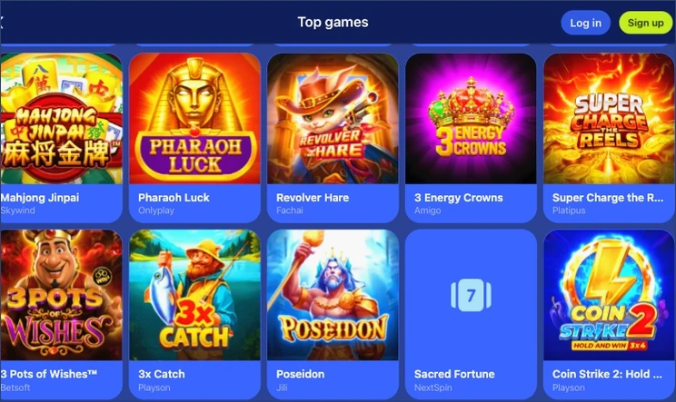 Screenshot of further slot covers including 3 Energy Crowns, Coin Strike 2, Pharaoh Luck and Mahjong Jinpai in a tile grid