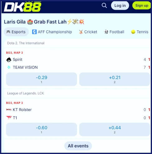 Screenshot of e-sports fixtures with head-to-head odds buttons and a button that opens all events