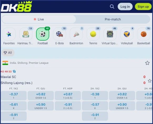 Live sports screen with a Live and Pre-match switch, a row of sport icons and a live football match with odds
