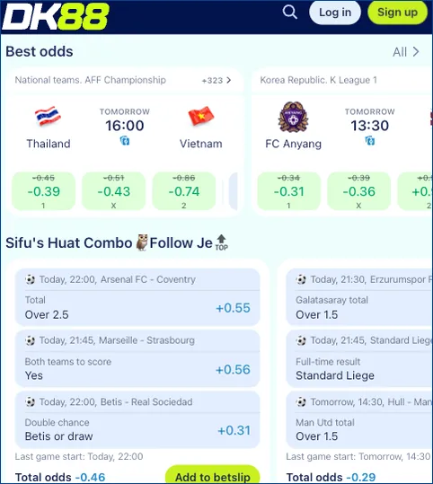 DK88 Bet best odds list of football matches, each with home, draw and away buttons, followed by a combo section