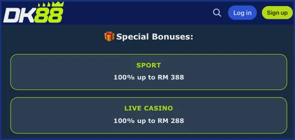 Special bonuses card listing the sport bonus of 100% up to RM 388 next to the live casino bonus of 100% up to RM 288
