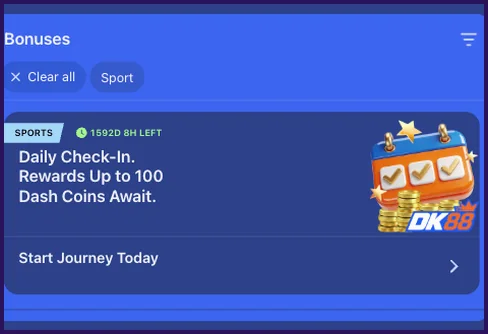 Screenshot of a bonus list entry named Daily Check-In, advertising rewards of up to 100 Dash Coins