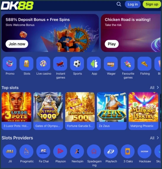 Home screen with the 588% deposit bonus banner, round shortcuts for Promo and Live casino, and rows of top slots and slot providers
